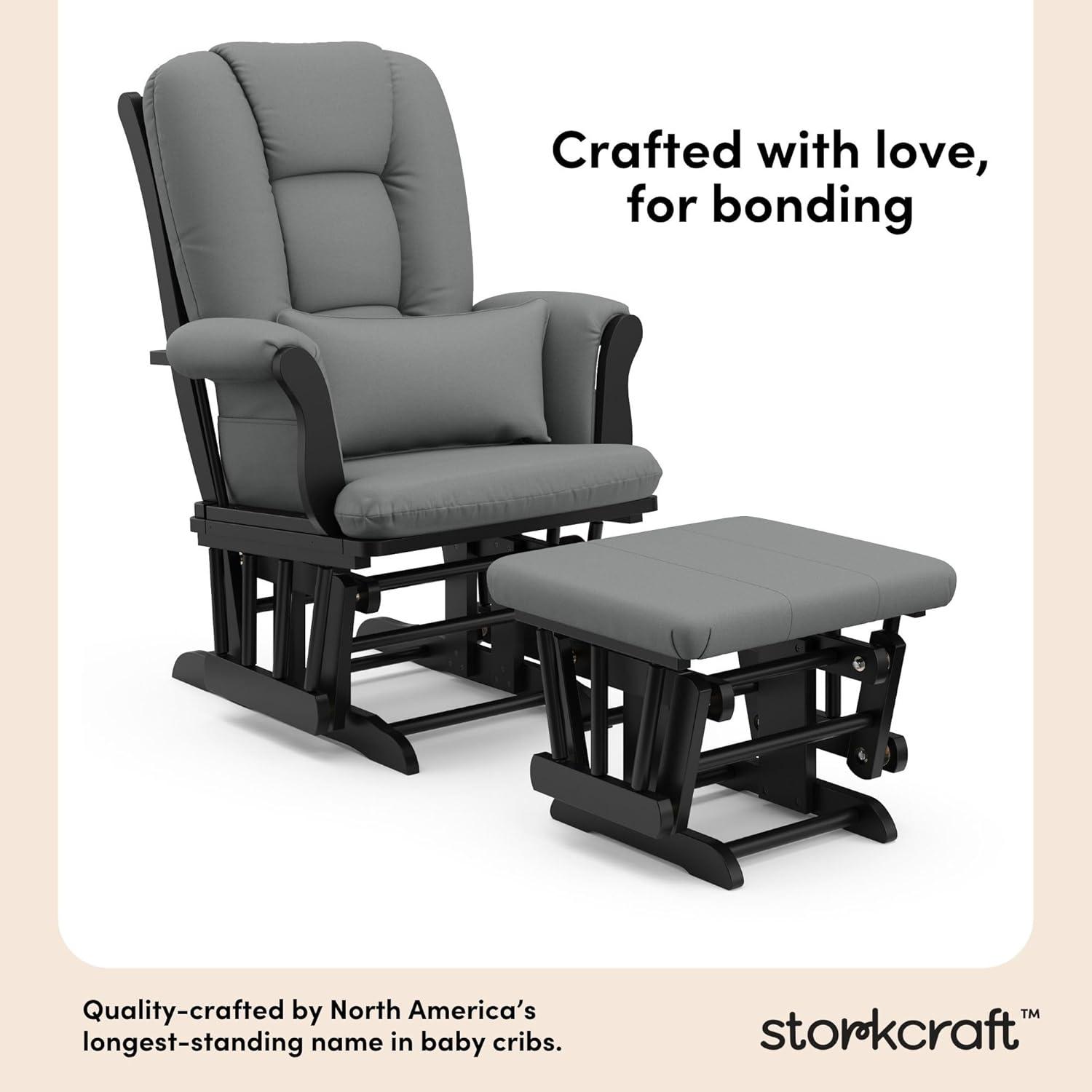 imageStorkcraft Tuscany Glider with Ottoman BlackGray GREENGUARD Gold Certified Bonus Lumbar Cushion Included Solid Wood Base Smooth Motion AwardWinning Nursery Rocking Chair Glider and OttomanBlackGray