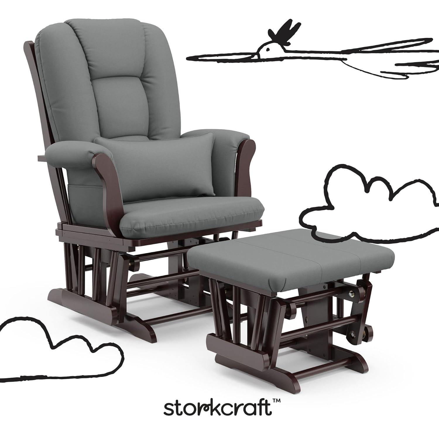 imageStorkcraft Tuscany Glider with Ottoman BlackGray GREENGUARD Gold Certified Bonus Lumbar Cushion Included Solid Wood Base Smooth Motion AwardWinning Nursery Rocking Chair Glider and OttomanEspressoGray