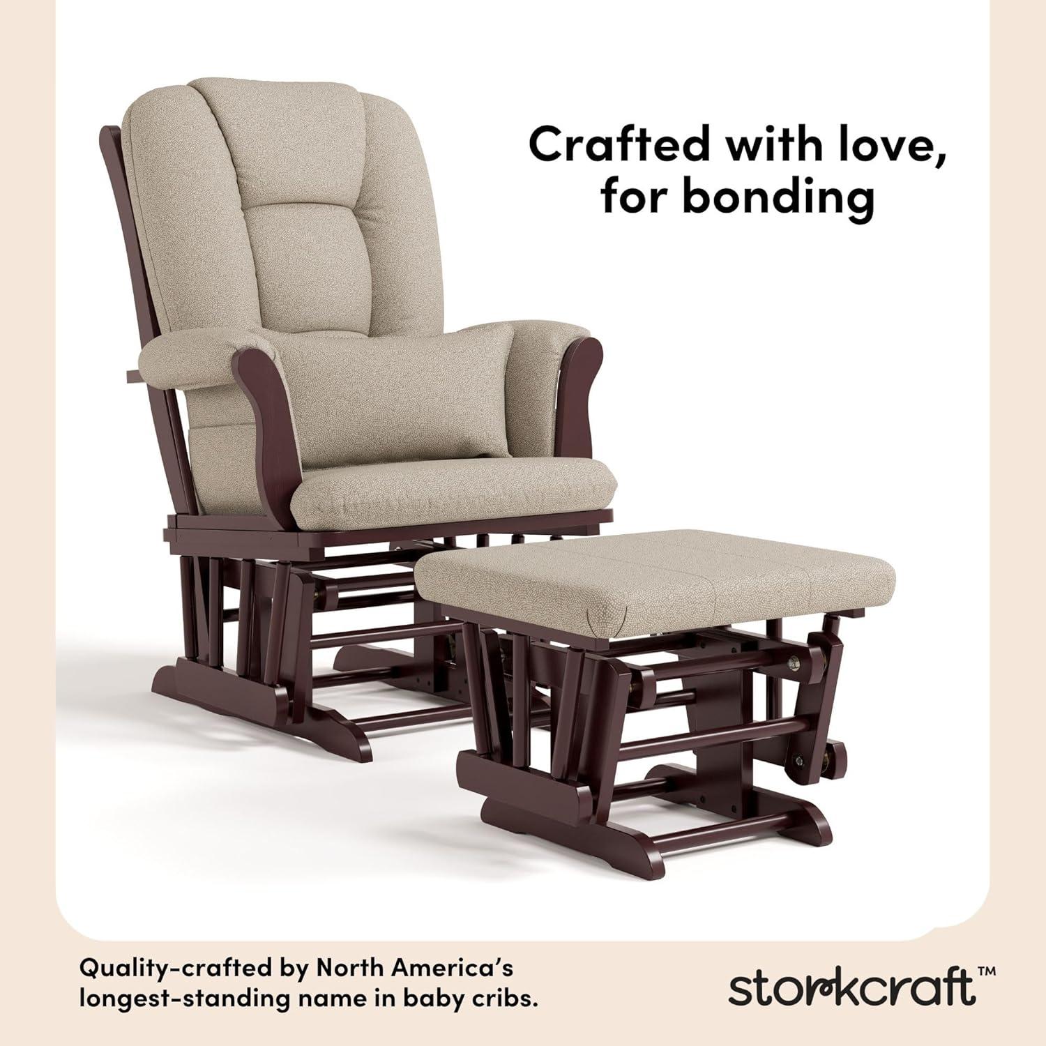 imageStorkcraft Tuscany Glider with Ottoman BlackGray GREENGUARD Gold Certified Bonus Lumbar Cushion Included Solid Wood Base Smooth Motion AwardWinning Nursery Rocking Chair Glider and OttomanEspresso WTaupe Swirl