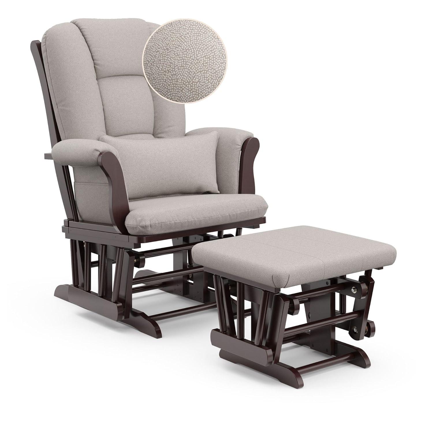 imageStorkcraft Tuscany Glider with Ottoman BlackGray GREENGUARD Gold Certified Bonus Lumbar Cushion Included Solid Wood Base Smooth Motion AwardWinning Nursery Rocking Chair Glider and OttomanEspresso WTaupe Swirl