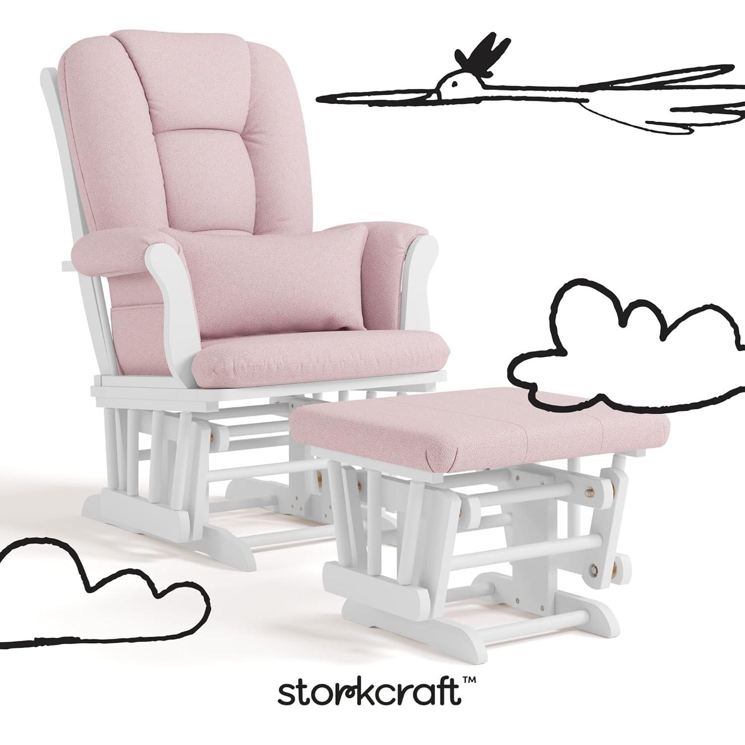 imageStorkcraft Tuscany Glider with Ottoman BlackGray GREENGUARD Gold Certified Bonus Lumbar Cushion Included Solid Wood Base Smooth Motion AwardWinning Nursery Rocking Chair Glider and OttomanWhite WPink Swirl