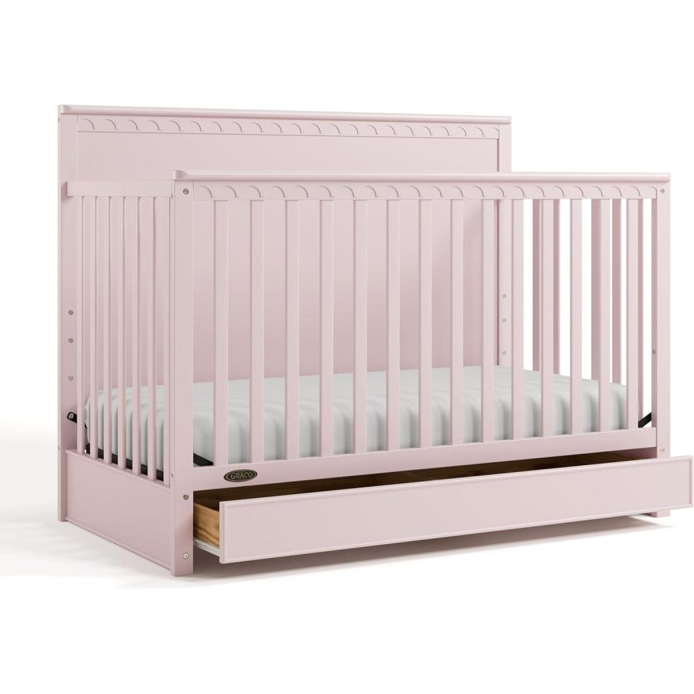 imageGraco Sasha 5in1 Convertible Crib with Drawer White GREENGUARD Gold Certified Wood Crib Converts to Toddler Bed Daybed FullSize Bed Stylish Classic DesignBlush