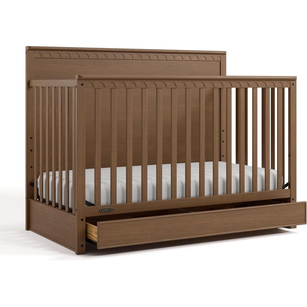 imageGraco Sasha 5in1 Convertible Crib with Drawer White GREENGUARD Gold Certified Wood Crib Converts to Toddler Bed Daybed FullSize Bed Stylish Classic DesignHazelnut