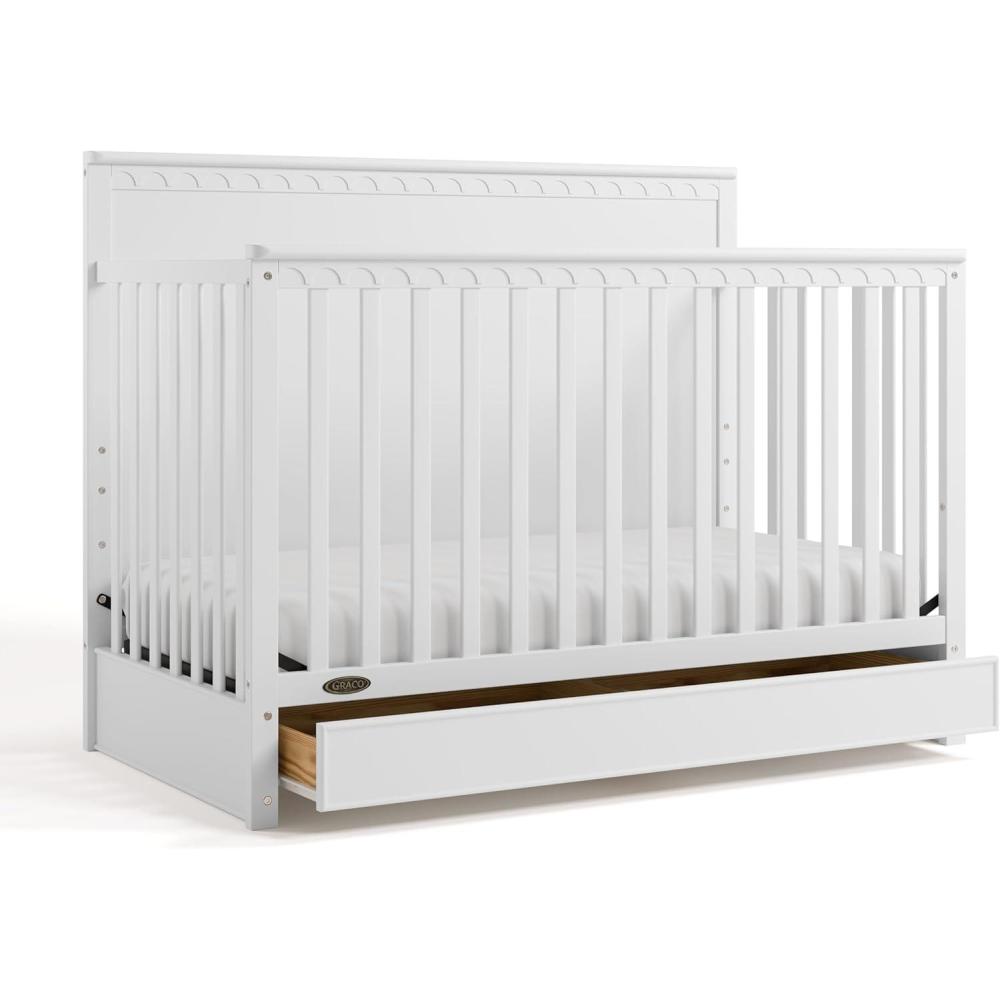 imageGraco Sasha 5in1 Convertible Crib with Drawer White GREENGUARD Gold Certified Wood Crib Converts to Toddler Bed Daybed FullSize Bed Stylish Classic DesignWhite