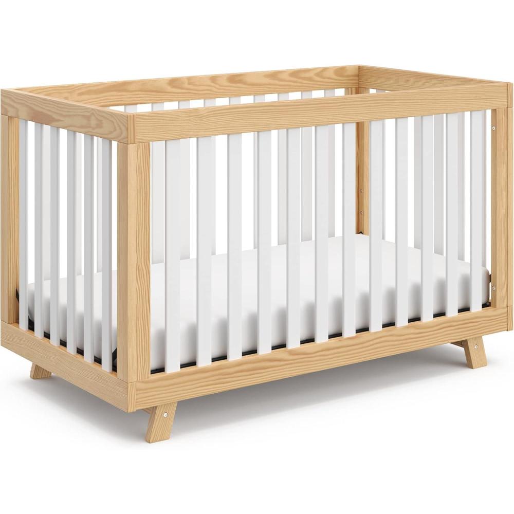 imageStorkcraft Beckett 3in1 Convertible Crib Natural GREENGUARD Gold Certified Fits Standard Crib Mattress Converts to Toddler Bed and Daybed 4 Adjustable Mattress Heights GrowwithMe DesignNatural With White