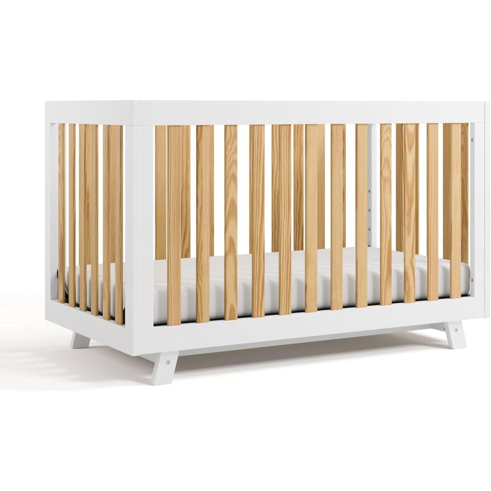 imageStorkcraft Beckett 3in1 Convertible Crib Natural GREENGUARD Gold Certified Fits Standard Crib Mattress Converts to Toddler Bed and Daybed 4 Adjustable Mattress Heights GrowwithMe DesignWhite With Natural
