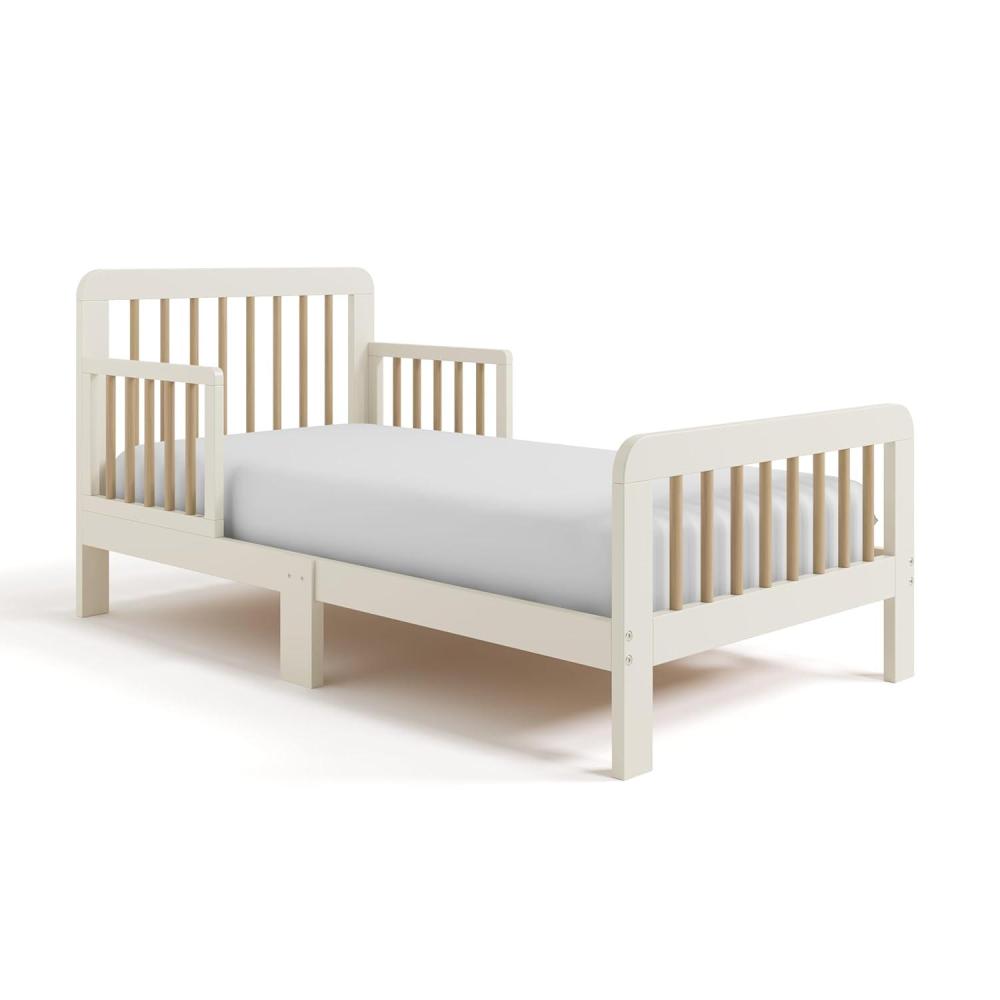 imageStorkcraft Pasadena Toddler Bed White with Driftwood GREENGUARD Gold Certified Fits Standard FullSize Crib ampamp Toddler Mattress Toddler Safety Guardrails Included Complete Design with FootboardFrosted Oat Driftwood