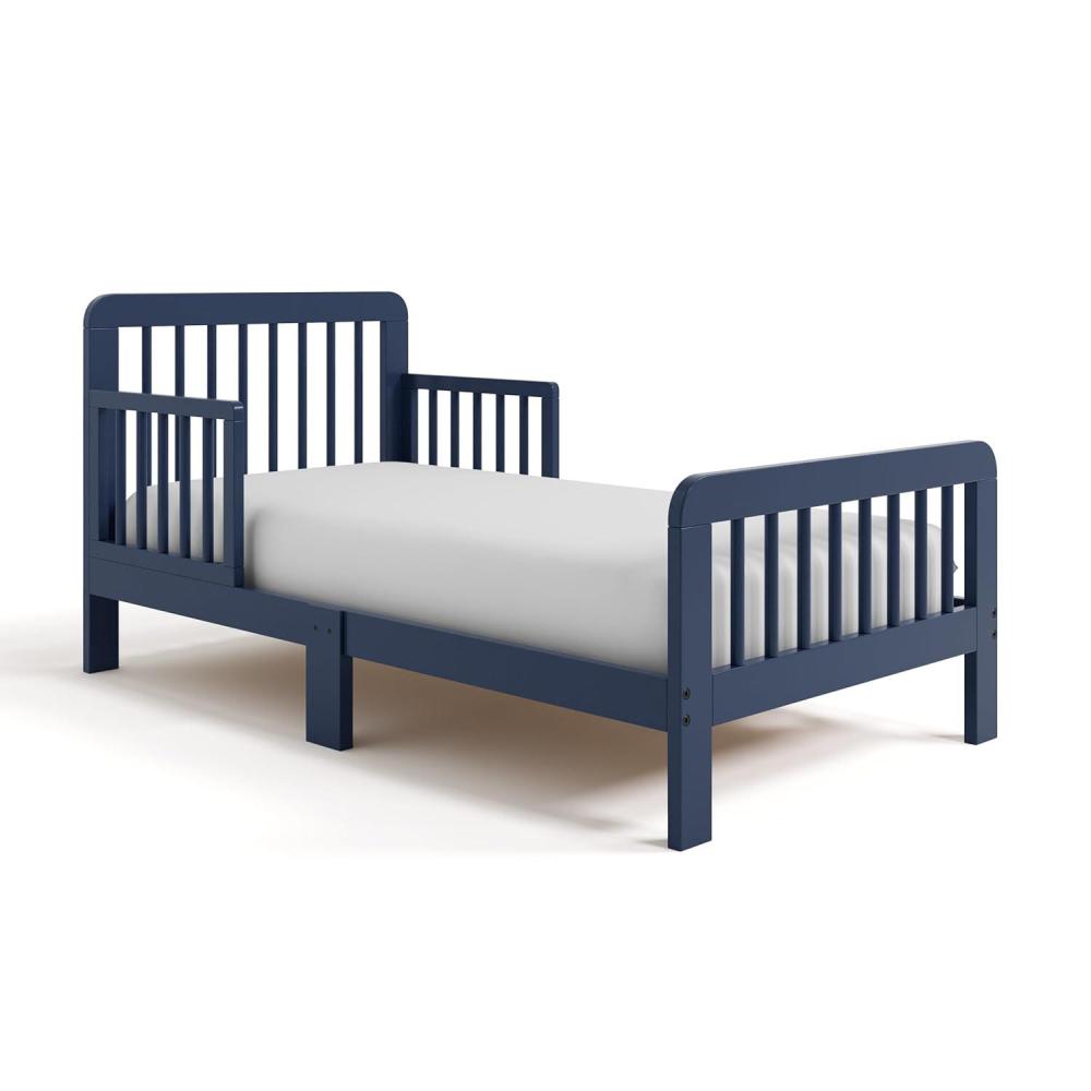 imageStorkcraft Pasadena Toddler Bed White with Driftwood GREENGUARD Gold Certified Fits Standard FullSize Crib ampamp Toddler Mattress Toddler Safety Guardrails Included Complete Design with FootboardMidnight Blue