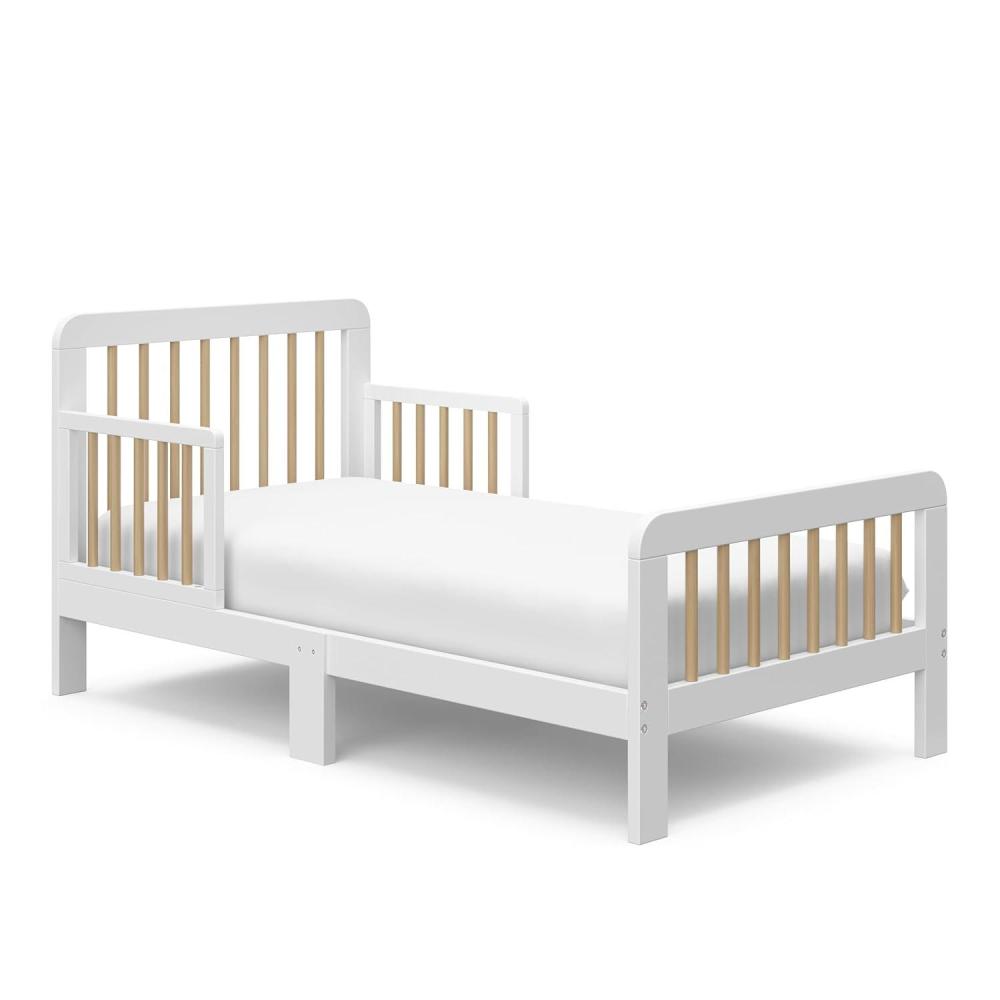 imageStorkcraft Pasadena Toddler Bed White with Driftwood GREENGUARD Gold Certified Fits Standard FullSize Crib ampamp Toddler Mattress Toddler Safety Guardrails Included Complete Design with FootboardWhite With Driftwood