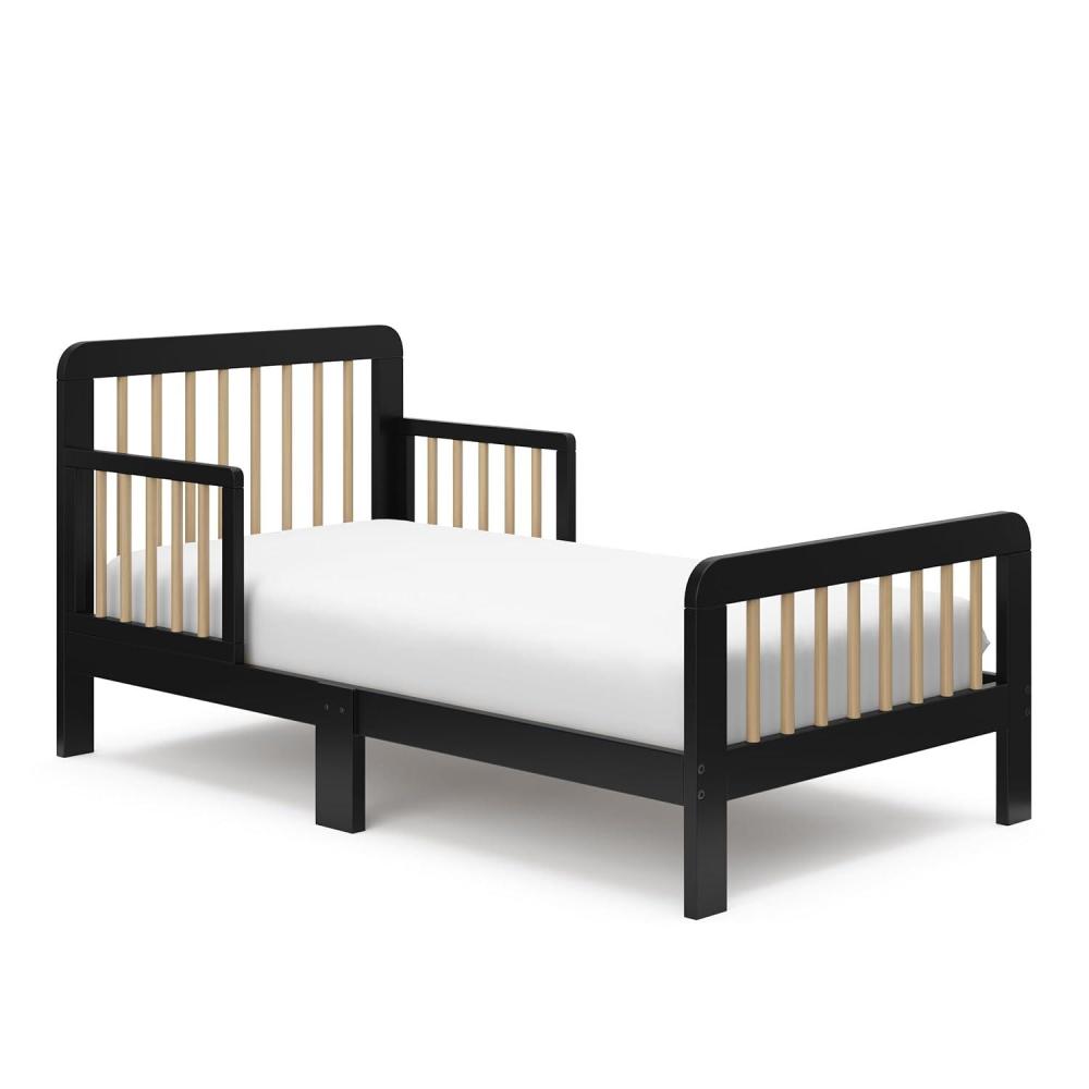 imageStorkcraft Pasadena Toddler Bed White with Driftwood GREENGUARD Gold Certified Fits Standard FullSize Crib ampamp Toddler Mattress Toddler Safety Guardrails Included Complete Design with FootboardBlack Driftwood