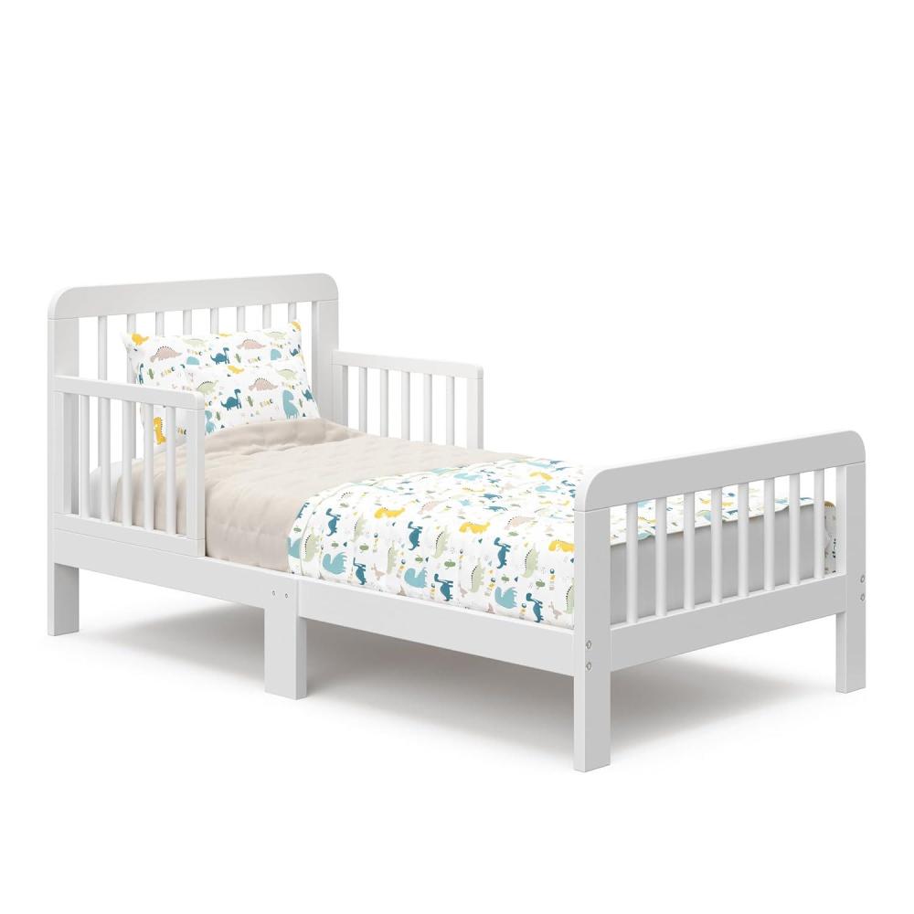 imageStorkcraft Pasadena Toddler Bed White with Driftwood GREENGUARD Gold Certified Fits Standard FullSize Crib ampamp Toddler Mattress Toddler Safety Guardrails Included Complete Design with FootboardWhite