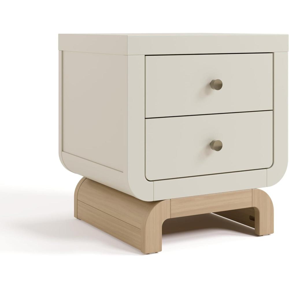 imageStorkcraft Santorini 2 Drawer Nightstand White ampamp Driftwood GREENGUARD Gold Certified Nightstand for Kids Bedroom Premium Wood with Curved Base Champagne Metal KnobsFrosted Oat Driftwood