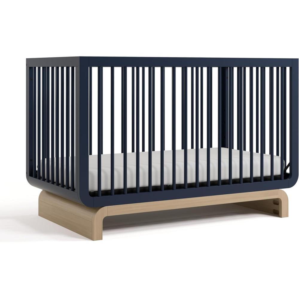 imageStorkcraft Santorini Deluxe 3in1 Convertible Bassinet Frosted Oat with Driftwood GREENGUARD Gold Certified Wood Baby Bassinet Includes WaterResistant Mattress Converts to Toy Box and BookcaseMidnight Blue With Driftwood