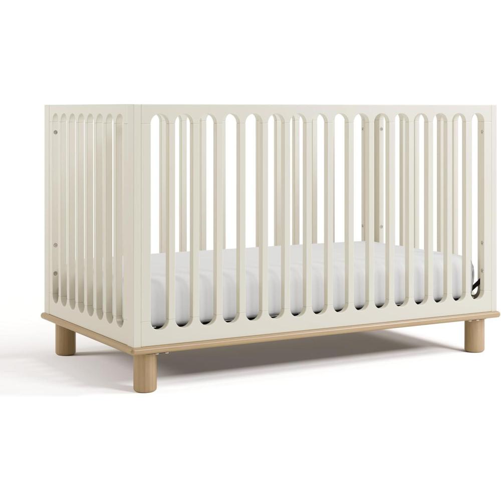 imageStorkcraft Sicily 3in1 Convertible Crib with Toddler Rail Included Driftwood GREENGUARD Gold Certified 100 Solid Wood Converts to Toddler Bed Fits Standard Crib MattressFrosted Oat With Driftwood