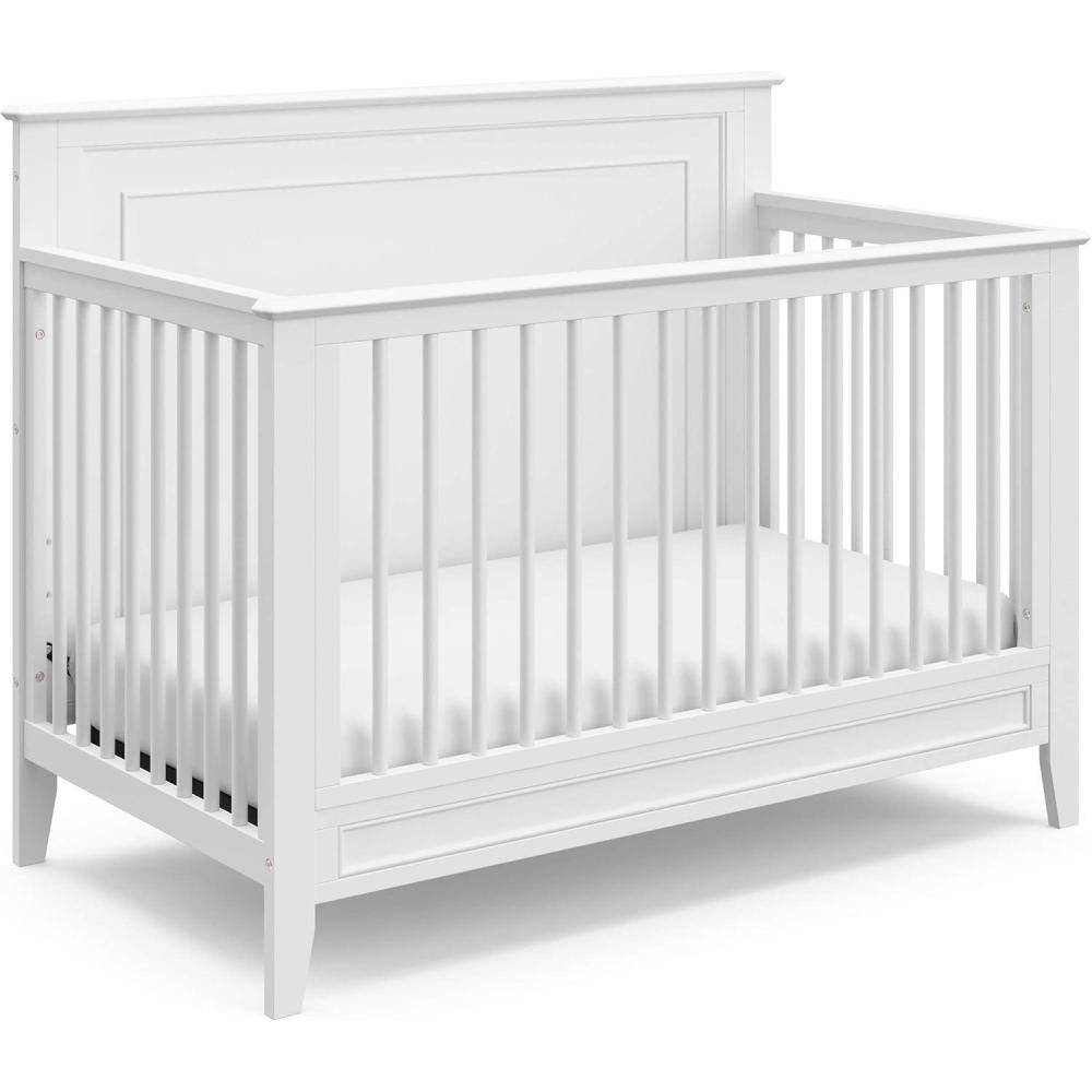 imageStorkcraft Solstice 5In1 Convertible Crib White GREENGUARD Gold Certified Converts to Toddler Bed and FullSize Bed Fits Standard FullSize Crib Mattress Adjustable Mattress Support BaseWhite