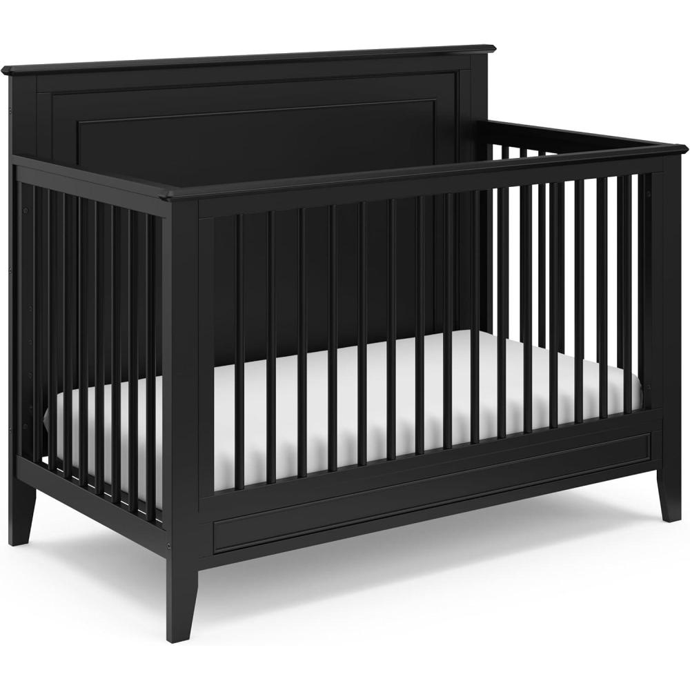 imageStorkcraft Solstice 5In1 Convertible Crib White GREENGUARD Gold Certified Converts to Toddler Bed and FullSize Bed Fits Standard FullSize Crib Mattress Adjustable Mattress Support BaseBlack