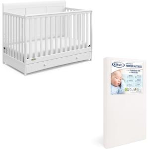 Graco Asheville 4-in-1 Convertible Crib w/Drawer-White & Graco Premium Foam Crib & Toddler Mattress(White)