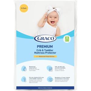 Graco Premium Waterproof Crib and Toddler Mattress Protector (2 Pack) – GREENGUARD Gold Certified, Machine-Washable & Dryer-Friendly, Waterproof Sleep Surface, Fits Crib & Mattress(White)