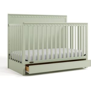 Graco Sasha 5-in-1 Convertible Crib with Drawer (White) – GREENGUARD Gold Certified Wood Crib, Converts to Toddler Bed, Daybed, Full-Size Bed, Stylish Classic Design(Sage)