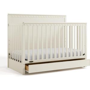 Graco Sasha 5-in-1 Convertible Crib with Drawer (White) – GREENGUARD Gold Certified Wood Crib, Converts to Toddler Bed, Daybed, Full-Size Bed, Stylish Classic Design(Froasted Oat)