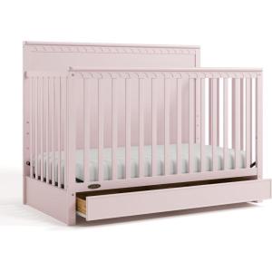 Graco Sasha 5-in-1 Convertible Crib with Drawer (White) – GREENGUARD Gold Certified Wood Crib, Converts to Toddler Bed, Daybed, Full-Size Bed, Stylish Classic Design(Blush)