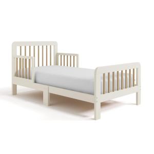 Storkcraft Pasadena Toddler Bed (White with Driftwood) – GREENGUARD Gold Certified, Fits Standard Full-Size Crib & Toddler Mattress, Toddler Safety Guardrails Included, Complete Design with Footboard(Frosted Oat & Driftwood)