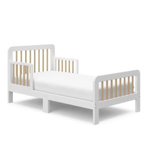 Storkcraft Pasadena Toddler Bed (White with Driftwood) – GREENGUARD Gold Certified, Fits Standard Full-Size Crib & Toddler Mattress, Toddler Safety Guardrails Included, Complete Design with Footboard(White With Driftwood)