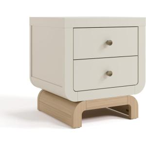 Storkcraft Santorini 2 Drawer Nightstand (White & Driftwood) – GREENGUARD Gold Certified Nightstand for Kids Bedroom, Premium Wood with Curved Base, “Champagne” Metal Knobs(Frosted Oat & Driftwood)